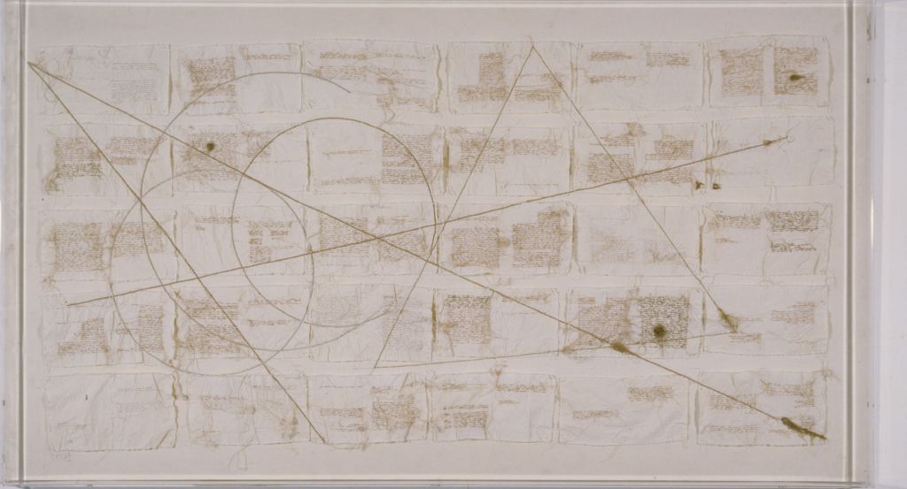 Maria Lai, Misurare l’infinito, 1987, filo su tela, plexiglas, cm 120 x 215, Galleria d'Arte Moderna di Roma.